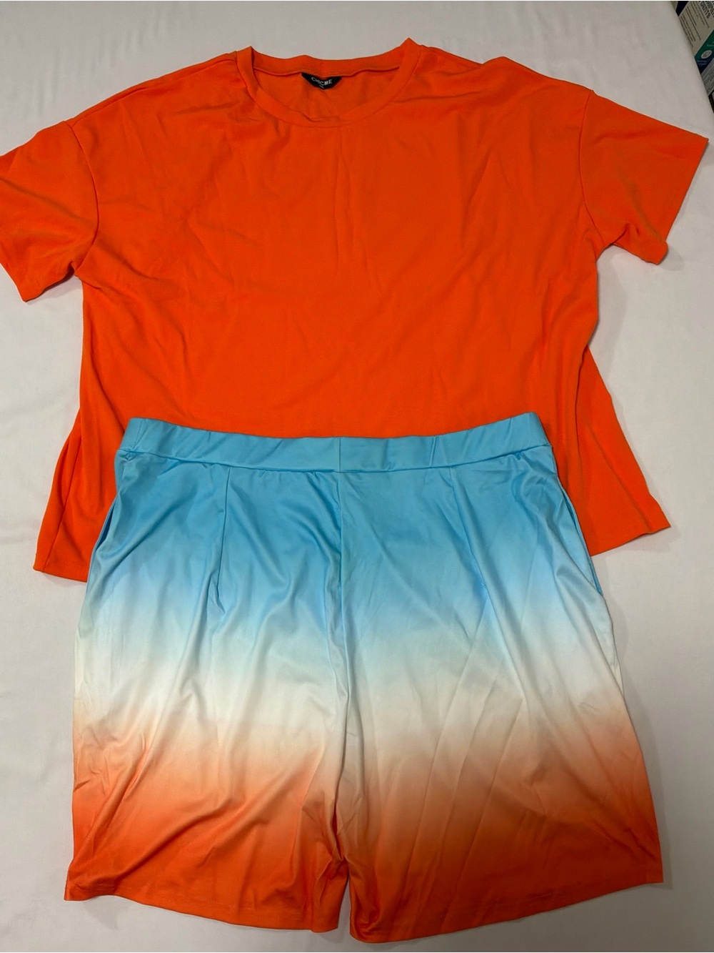 chicme Orange T-Shirt with Blue-to-Orange Ombre Athletic Shorts